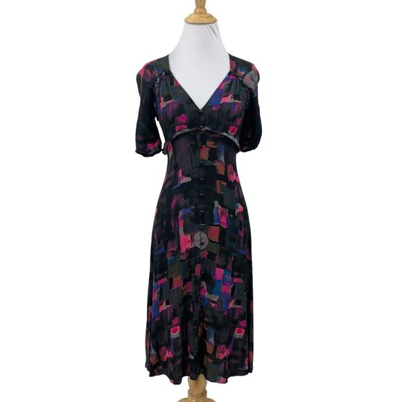 Plenty Tracy Reese Midi Dress XSP Petite Back Zip Round Buttons Puff Sleeve Geo - Picture 1 of 16